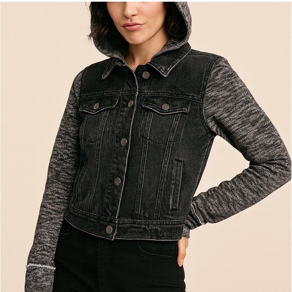Free People Jackets & Blazers - Free People Black Denim Hooded Jacket Distressed Grey Knit Sleeves
